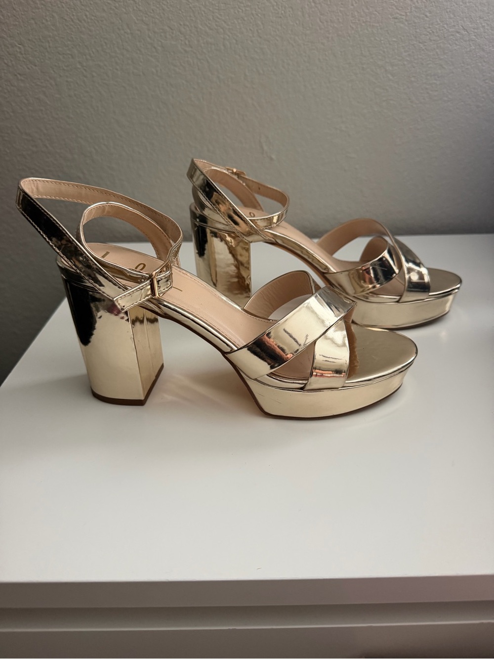 Lulu's Shiny Gold Platform Block Heel Sandals